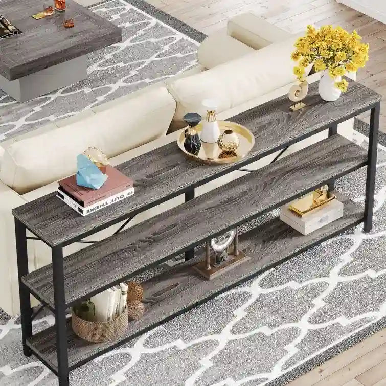 Table console étroite pour canapé avec étagères à 3 niveaux