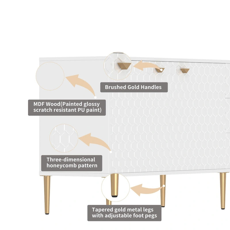 Meuble TV commode 2 portes avec pieds dorés