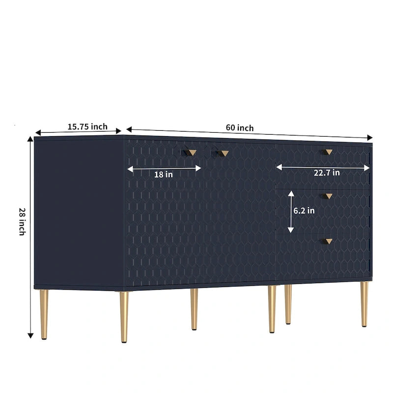 Meuble TV commode 2 portes avec pieds dorés