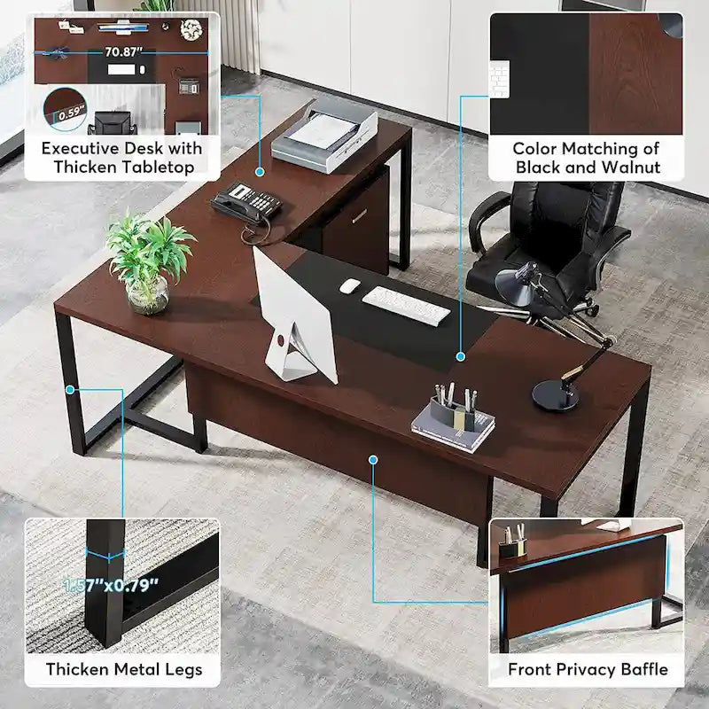 Bureau de direction de 70,8 pouces (avec caisson de rangement)