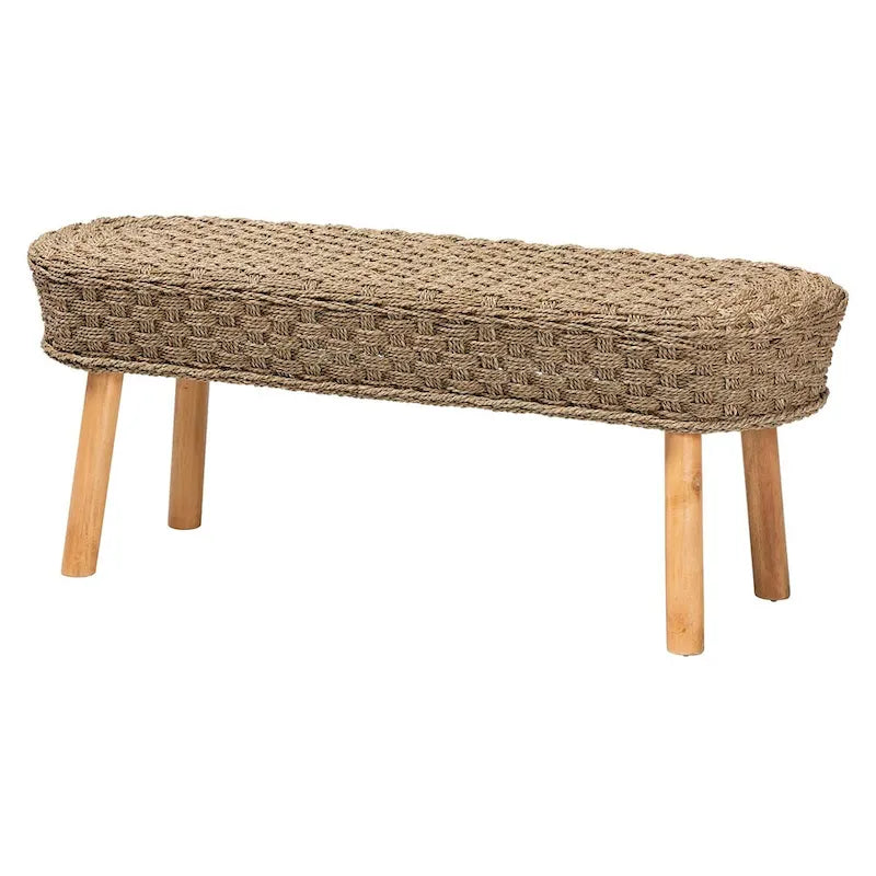 Banc d'appoint moderne bohème en herbe de mer naturelle et bois d'acacia