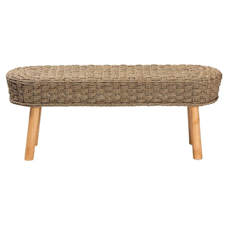 Banc d'appoint moderne bohème en herbe de mer naturelle et bois d'acacia