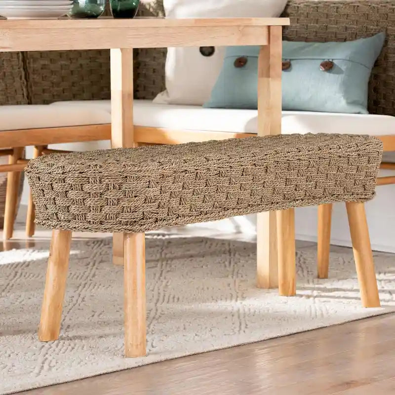Banc d'appoint moderne bohème en herbe de mer naturelle et bois d'acacia