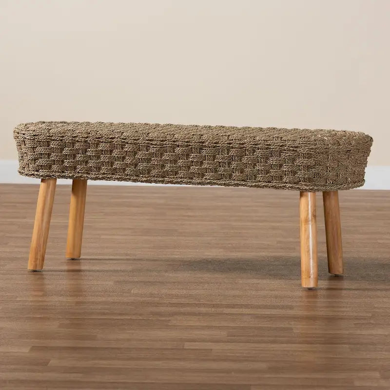 Banc d'appoint moderne bohème en herbe de mer naturelle et bois d'acacia