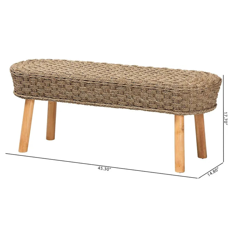 Banc d'appoint moderne bohème en herbe de mer naturelle et bois d'acacia
