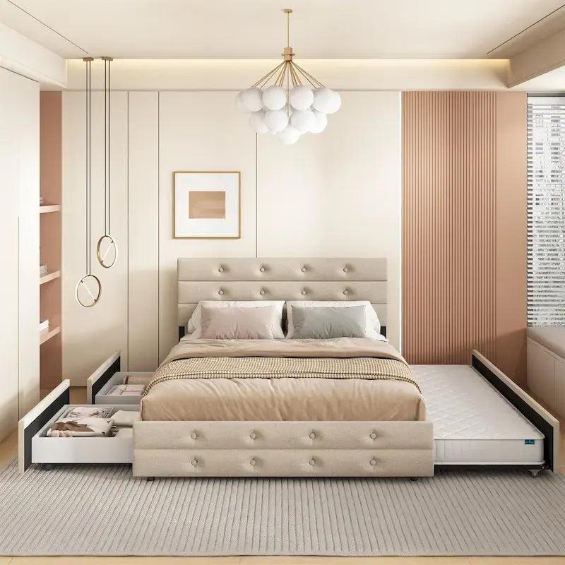 Lit gigogne tapissé en tissu de lin Queen Size