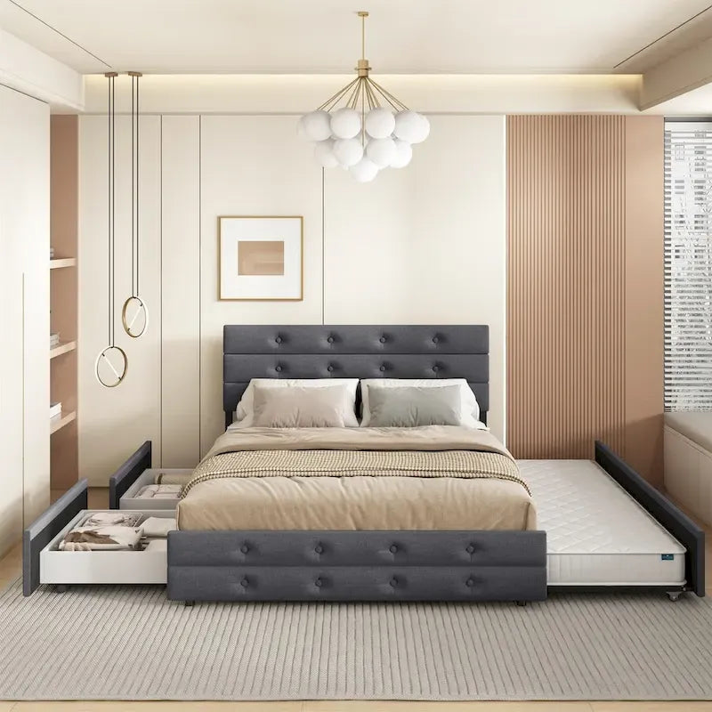 Lit gigogne tapissé en tissu de lin Queen Size